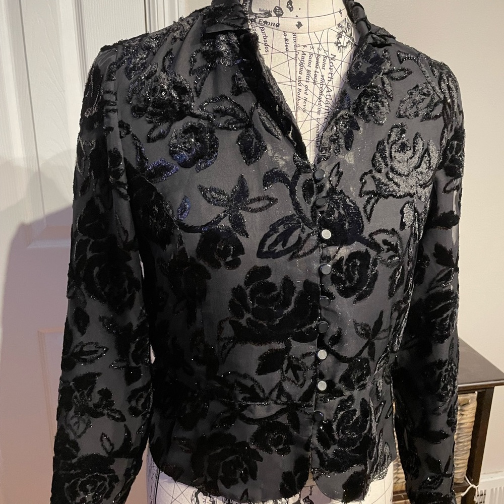 Talbots Vintage Shiny Floral Print 3D sheer cover blazer button Brocade Jacquard
